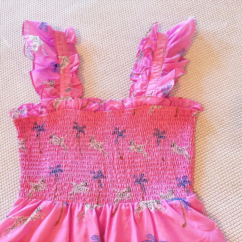J. MARIE Remi Ruched Smocked Pink & Purple Leopard Palm Tree Ruffle Top Blouse - Picture 6 of 15
